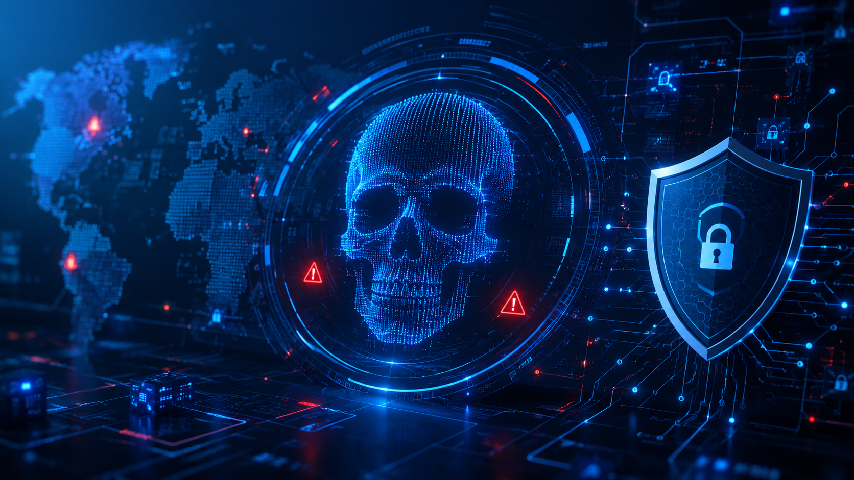 Professionelles Cybersecurity-Bild mit digitalem Totenkopf und Schutzschild für den IT-Security Check